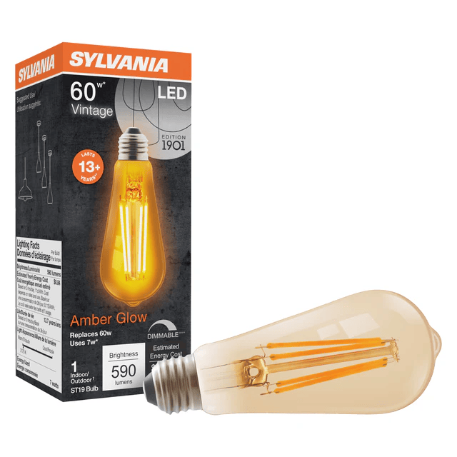 Sylvania 6.5W Filament LED ST19 Bulb, 60W Inc. Retrofit, E26, 590 lm, 120V, 2175K, Amber