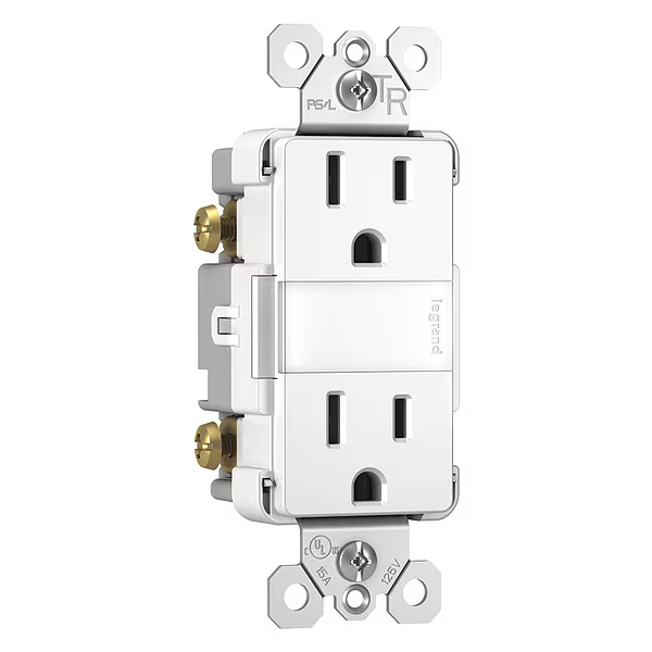 Legrand Straight Blade Receptacle, 5-15R, 15 A, 120/125V AC, 2 Pole, 3 Wire, Flush Mount, Grounded