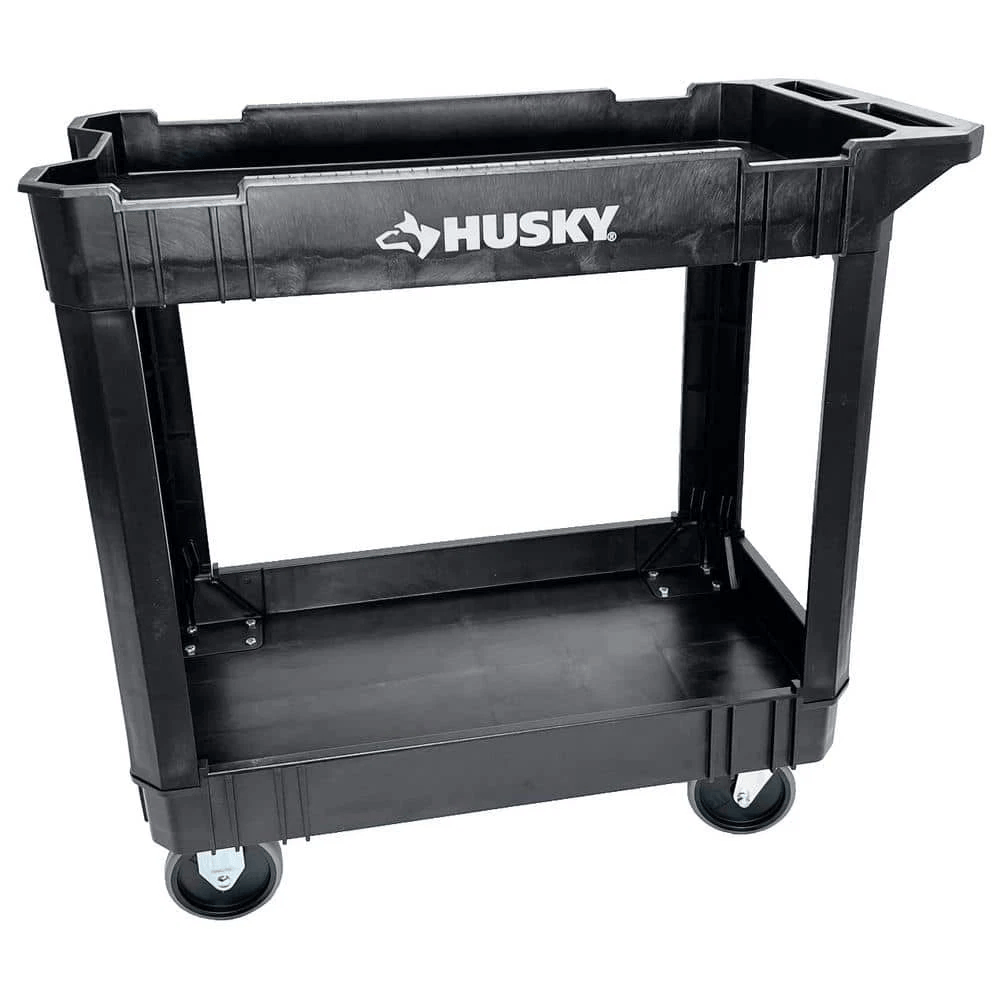 Husky 2-Tier Plastic 4-Wheeled Service Cart in Black with 500 lbs. Capacity