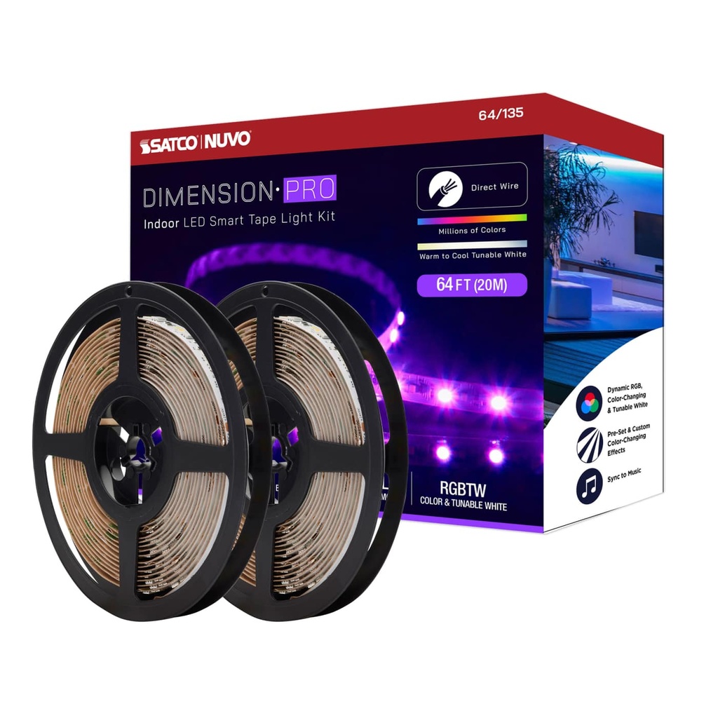 Satco Dimension Pro; Tape Light strip; 64 ft.; Hi-Output; RGB plus Tunable White; J-Box connection