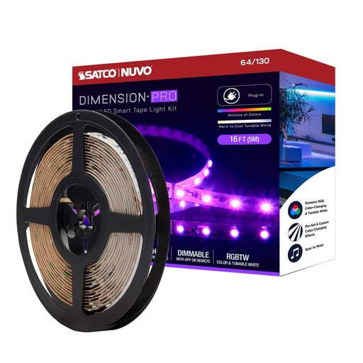 [64-130] Satco Dimension Pro; Tape Light strip; 16 ft.; Hi-Output; RGB plus Tunable White; Plug connection