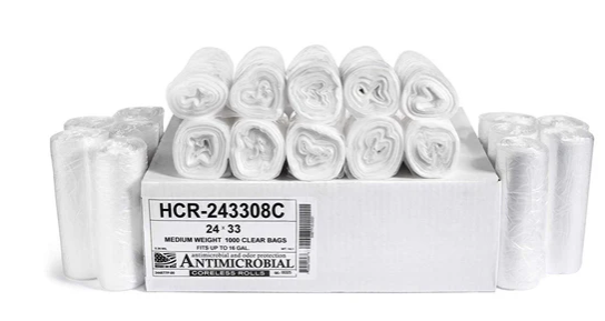 HCR Hi-Lene + Antimicrobial 24X33 Clear Can Liner 12-16 Gallon 0.8mil 1000/case.