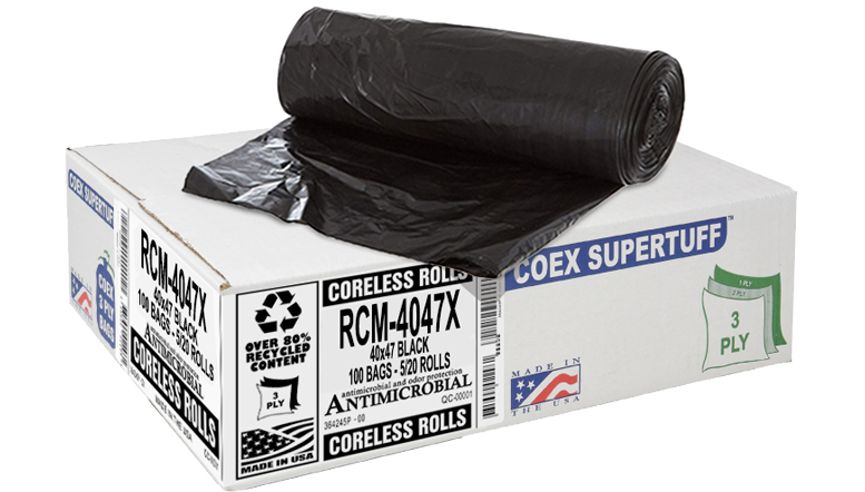 COEX Supertuff 3-Ply Antimicrobial on Rolls 40x47 in Black Heavy Duty Can Liner 45 Gal 1.5 MIL 100/Cs