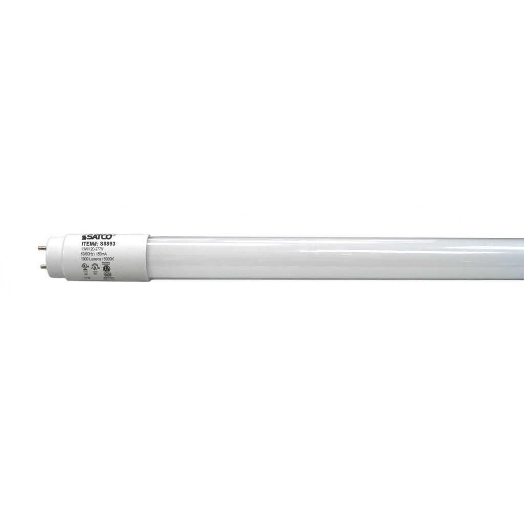 Satco 13 Watt T8 LED; Medium bi-pin base; 5000K; 50000 Hours; 1900 Lumens; Type A/B; Ballast Dependant or Ballast Bypass; Single or Double Ended Wiring