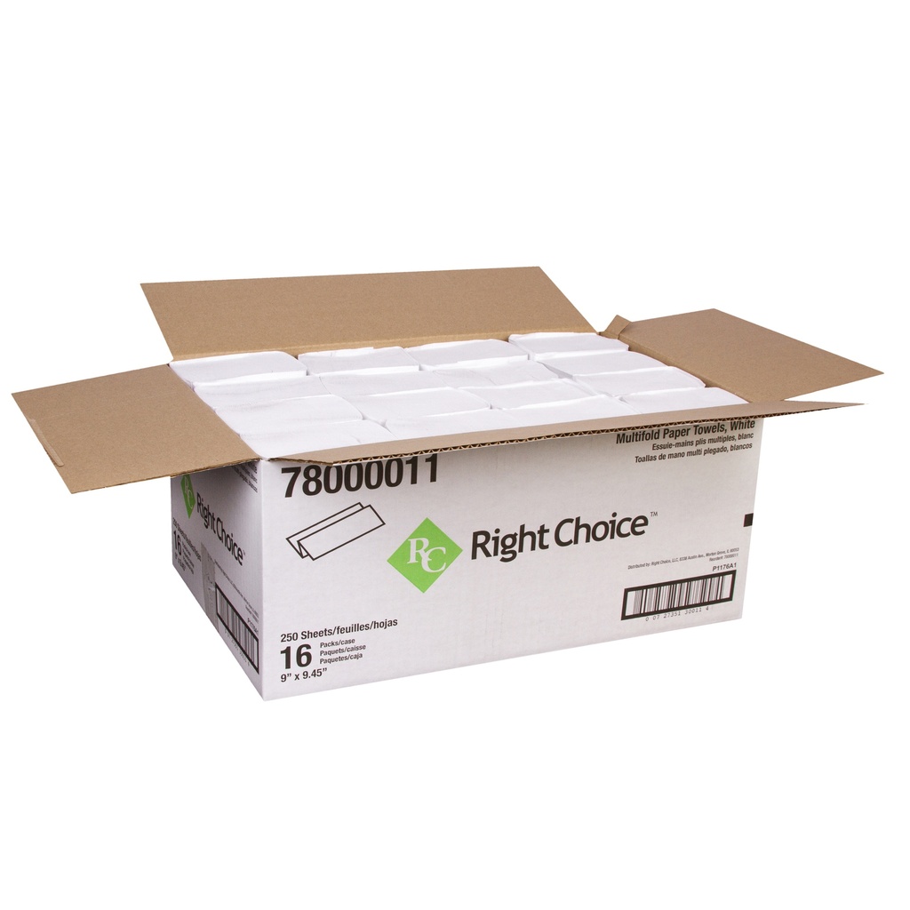 Right Choice™ Paper Multifold Towel 1-Ply 250-Sheets, White, 9" x 9.45", 16/250/Cs