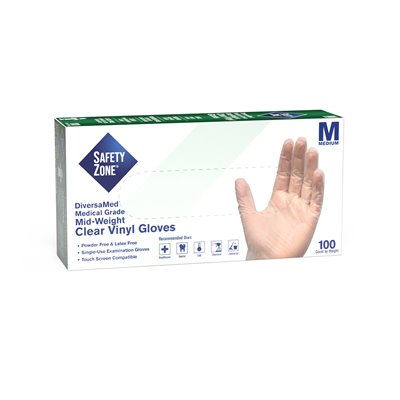 THE SAFETY ZONE Medical Grade Powder Free Vinyl Disposable Gloves, Clear, Medium