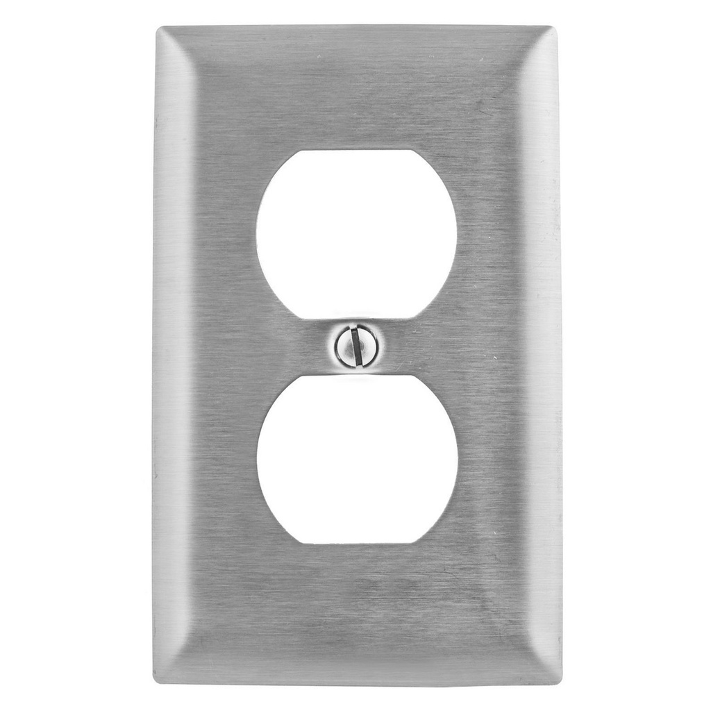 HUBBELL Wallplates and Boxes, Metallic Plates, 1- Gang, 1) Duplex Opening, Standard Size, Stainless Steel