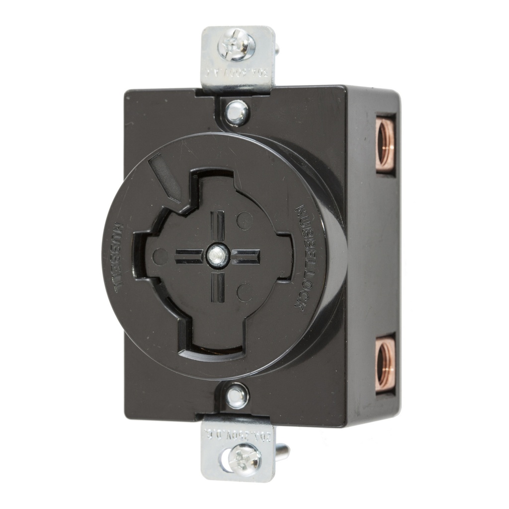 Hubbell Locking Devices, Hubbellock, Industrial, Flush Receptacle, 30A 600V AC, 20A 250V DC, 3-Pole 4-Wire Grounding, Non- NEMA, Screw Terminal, Black.