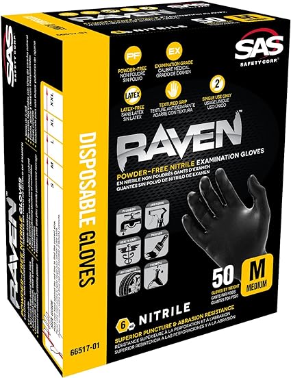 SAS Safety 66518-01 Raven Powder-Free Exam Grade Nitrile - 6 mil 50 Gloves per box