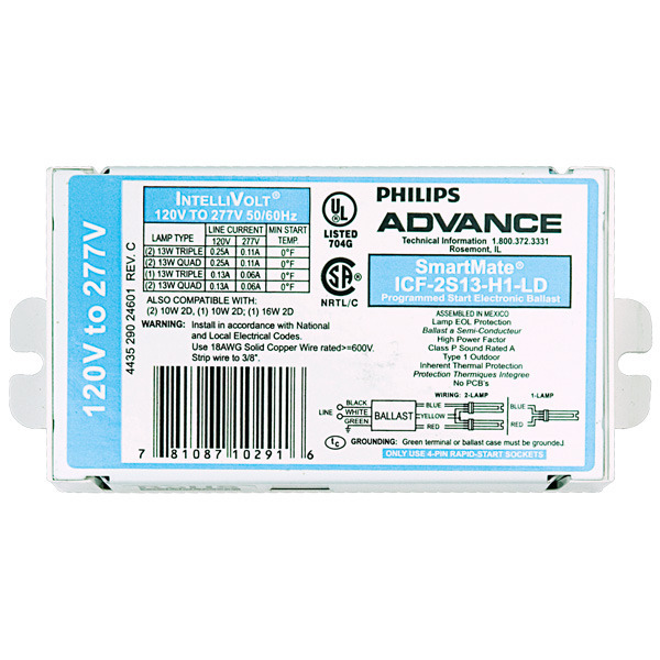 Advance SmartMate ICF-2S13-H1-LD - (2) Lamp Fluorescent Ballast - 10 Watt CFL - 120/277 Volt - Programmed Start - 1.0 Ballast Factor