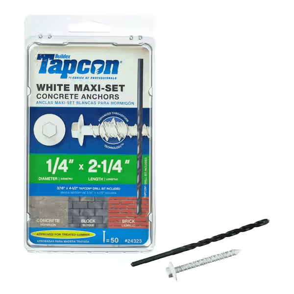 Tapcon 1/4 in. x 2-1/4 in. Maxi-Set White Hex-Head Concrete Anchors (50-Pack)