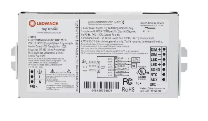 LEDVANCE NFC Taptronic LED Programmable Driver 25W MAX 120v-277v Input COMPACT LEDrv25UNVC1250DIM1AUX12NFC