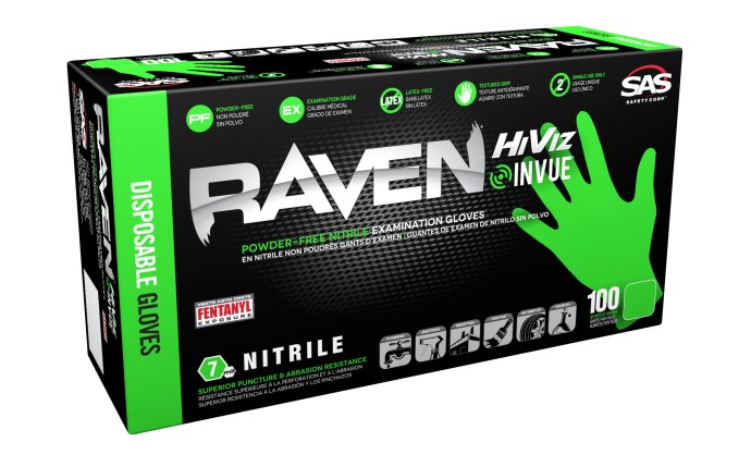 Raven Hi-Viz InVue Powder-Free Exam Grade Nitrile - 7 mil - 100 Gloves per box (by weight)-Medium