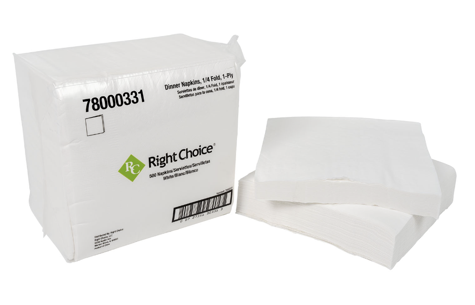 Right Choice™ Dinner Napkin 1-Ply, White, 16" x 16", 1/4 Fold, 8/500/CS