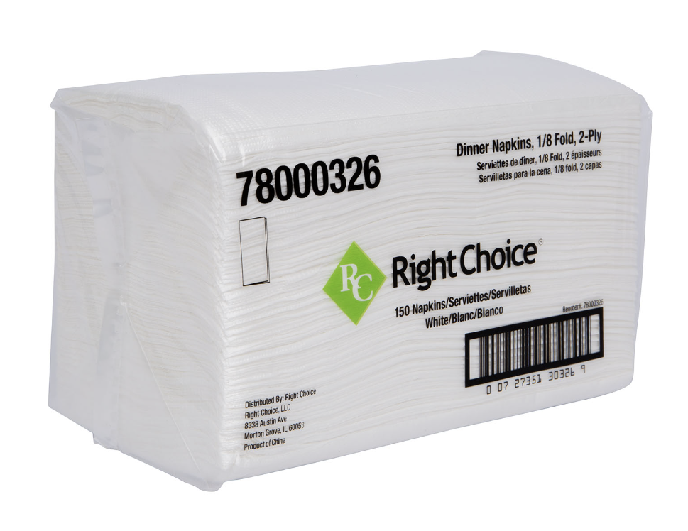 Right Choice™ Dinner Napkin 2-Ply 1/8 Fold, White, 14.2" x 16.5" 20/150/CS