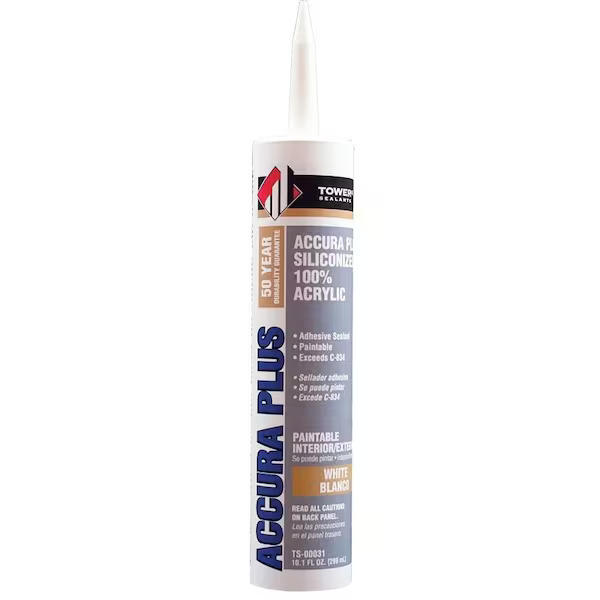 Tower Sealants Accura Plus  100% Siliconized, Acrylic Caulk, White, 10.1 fl.oz