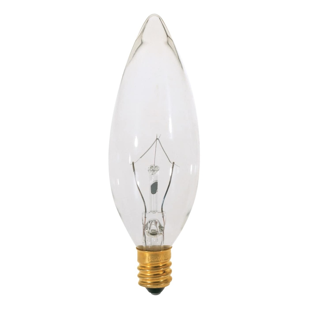 Satco 15 Watt BA9 1/2 Incandescent; Clear; 2500 Average rated hours; 114 Lumens; Candelabra base; 130 Volt