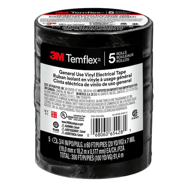Temflex 3/4 in. x 60 ft. 1700 Electrical Tape Black (5-Pack)
