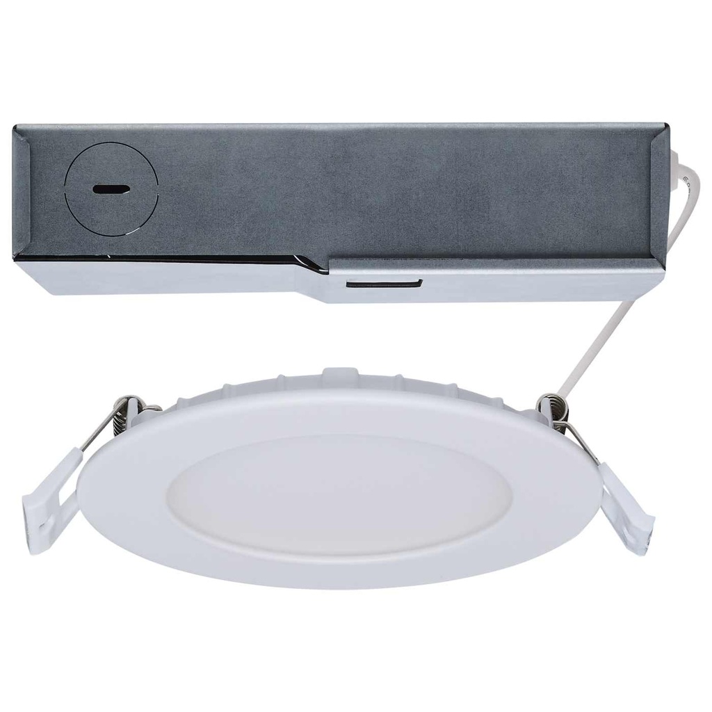 SATCO 8/12 Watt LED Direct Wire Downlight; 27K/3K/35K/4K/5K CCT; Remote Driver; 4 Inch; Round; Flat Face; White Finish; 120-277 Volt; Dual Dimming