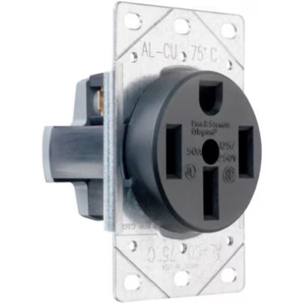 Legrand Straight Blade Receptacle, 14-50R, 50 A, 125/250V AC, 3 Pole, 4 Wire, Flush Mount