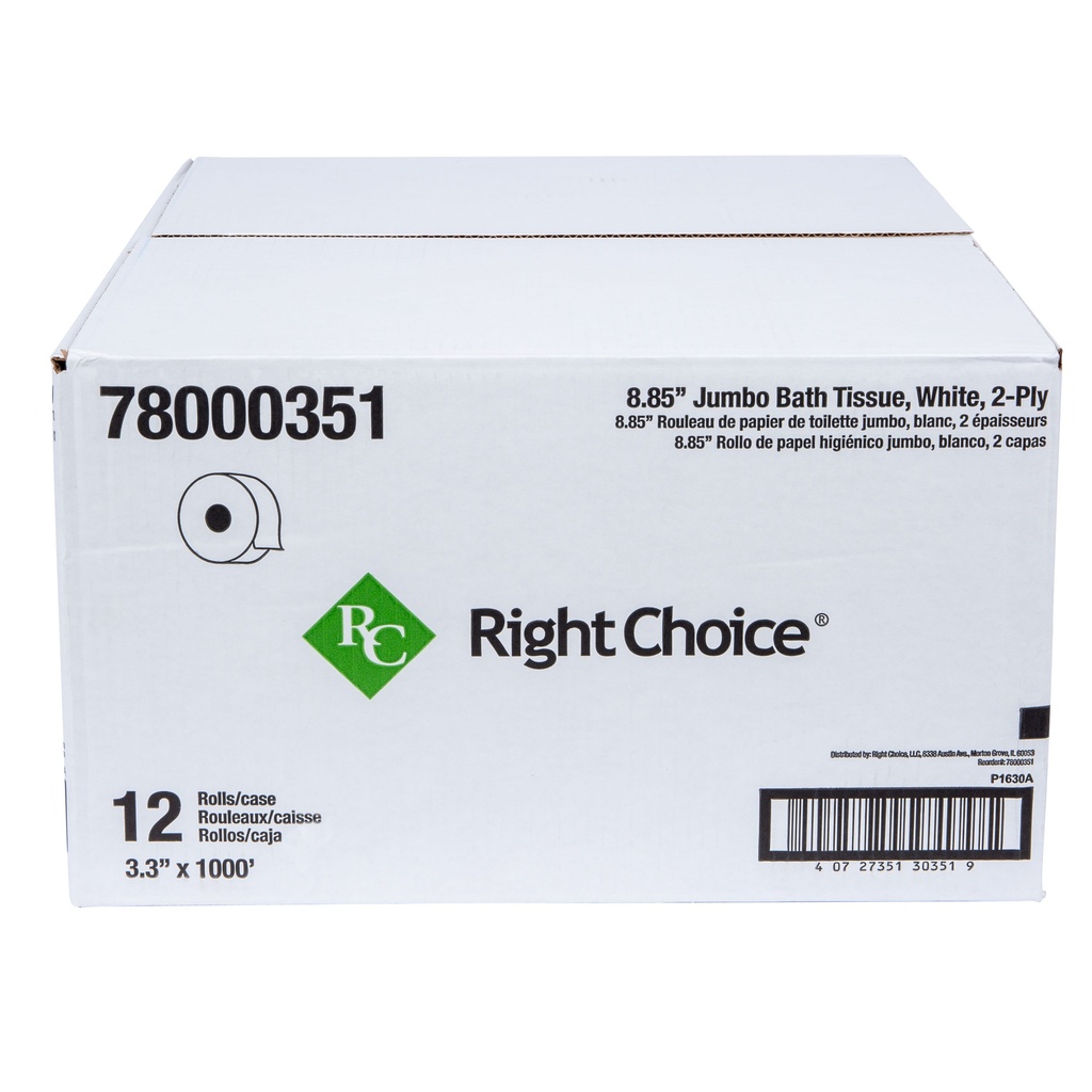 Right Choice™ Jumbo Roll Tissue 2-Ply, White, Recycled Paper, 3.3" x 1000'