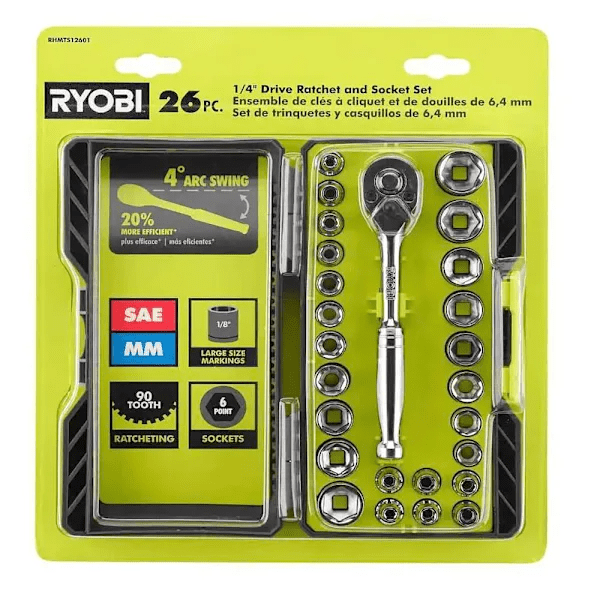 Ryobi 1/4" Drive Ratchet And Socket Set With Case, 26 Piece