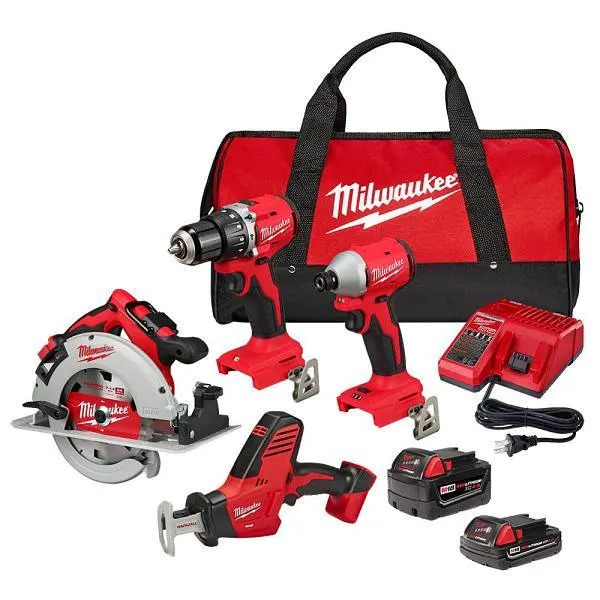 Milwaukee M18 Lithium-Ion Brushless Cordless 4-Tool Combo Kit With Batteries, Charger, And Tool Bag