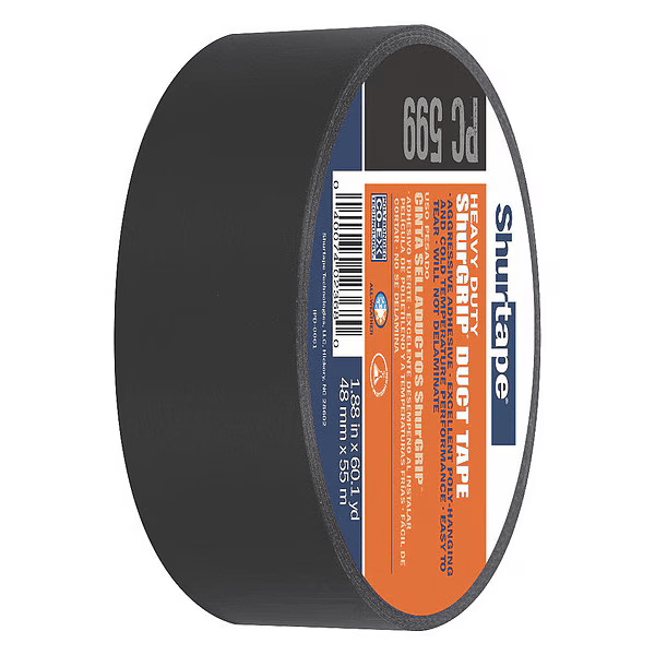 Shurtape Duct Tape, Black, 60-1/8 yd L, 1-7/8 in W