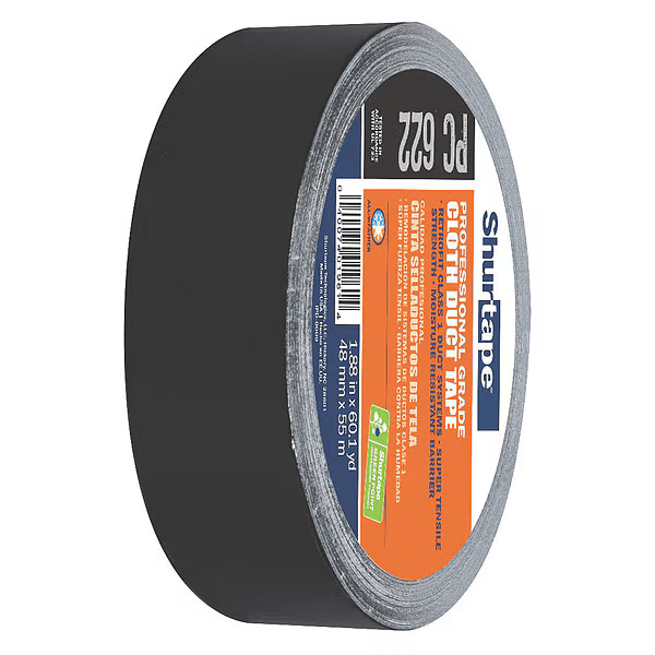 Shurtape Duct Tape, Black, 60-1/8 yd L, 1-7/8 in W