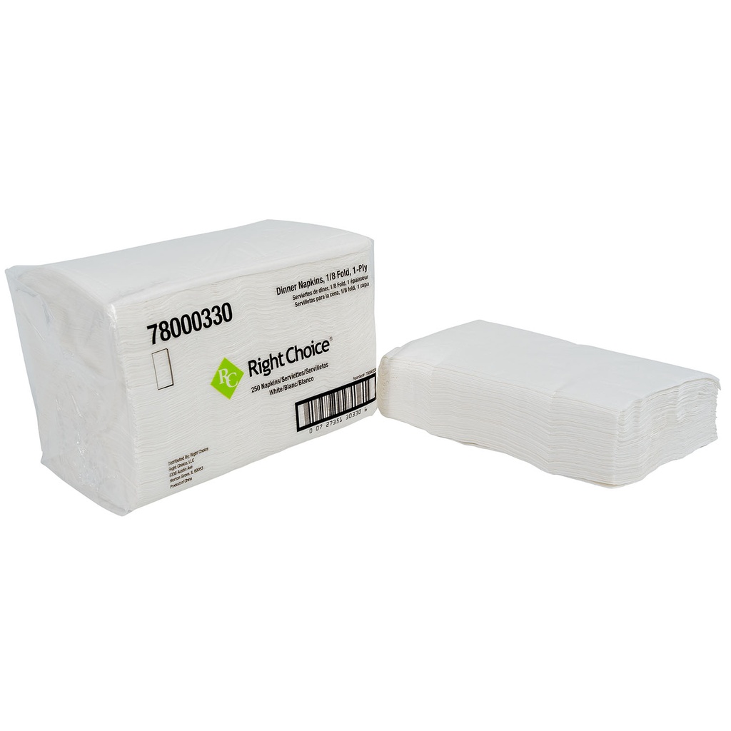 Right Choice™ Dinner Napkin 1-Ply, White, 14.2" x 16.5", 1/8 Fold, 20/250/CS