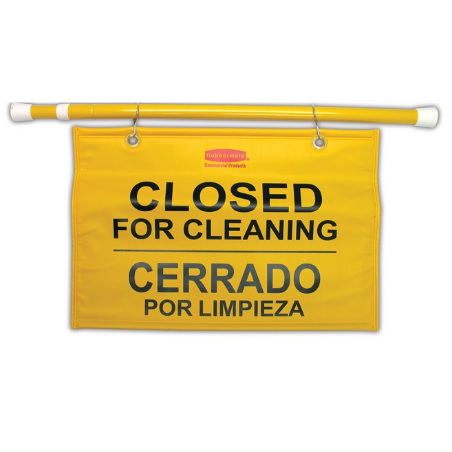 Rubbermaid Multilingual "Closed For Cleaning" Hanging Doorway Safety Sign, Yellow