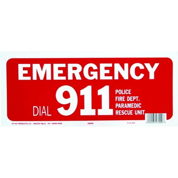 Hy-Ko "Emergency 911" Safety Sign, Polyethylene, 14" X 6"