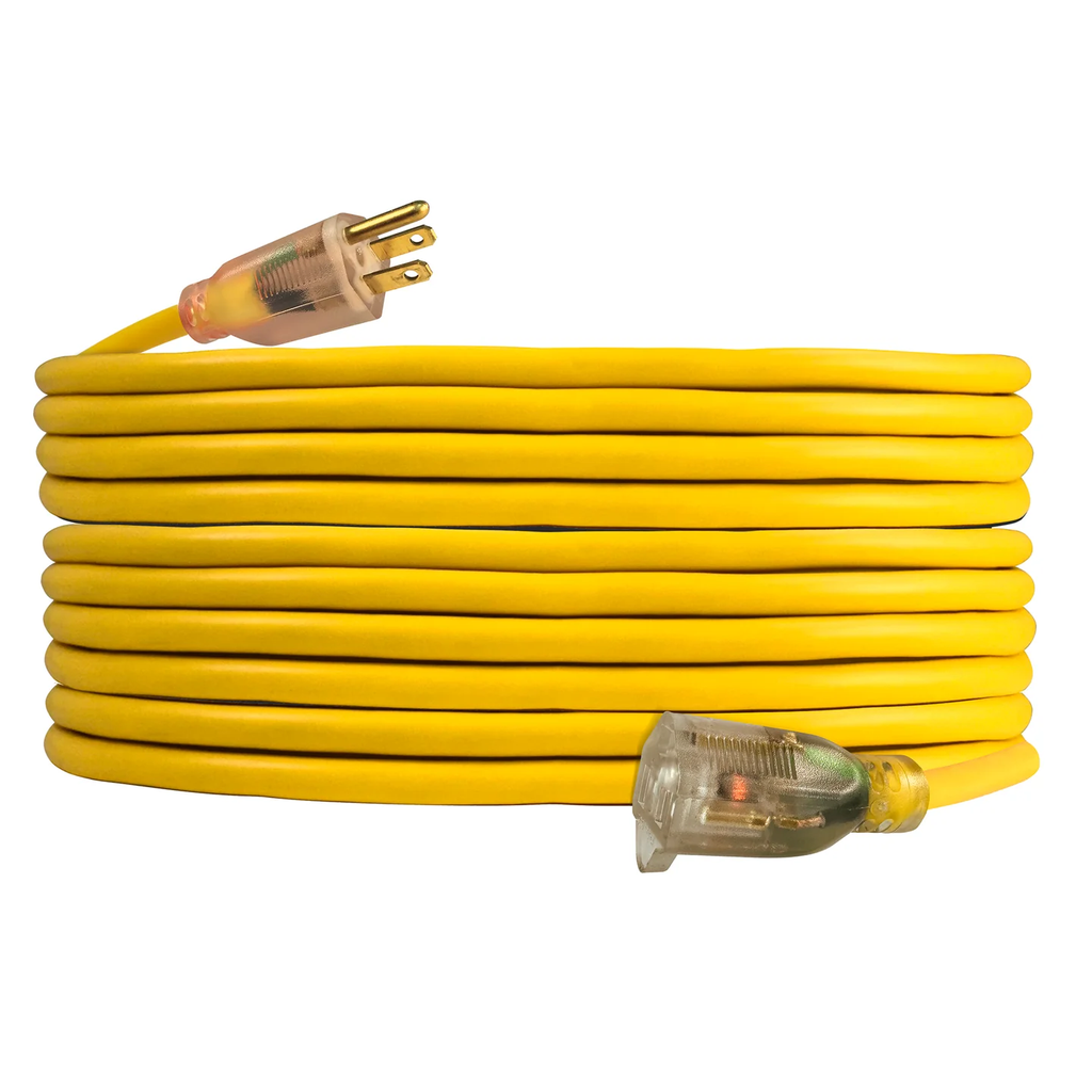Voltec 10/3 Heavy-Duty Yellow Extension Cord with Lighted Plug – High-Visibility, Flexible Vinyl Jacket, SJTW, 100 ft