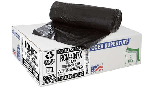 [RCM-4047X] COEX Supertuff 3-Ply Antimicrobial on Rolls 40x47 in Black Heavy Duty Can Liner 45 Gal 1.5 MIL 100/Cs