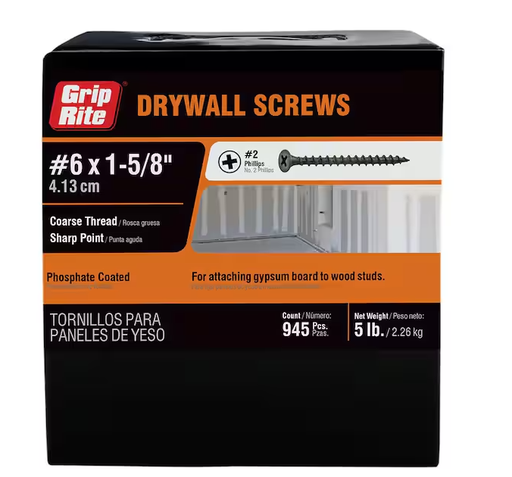 [100182191 ] Grip-Rite #6 x 1-5/8 in. Philips Bugle-Head Coarse Thread Sharp Point Drywall Screws (5 lbs./Pack)