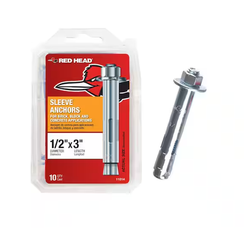 [100148494 ] Red Head 1/2 in. x 3 in. Zinc-Plated Steel Hex-Head Sleeve Anchors (10-Pack)