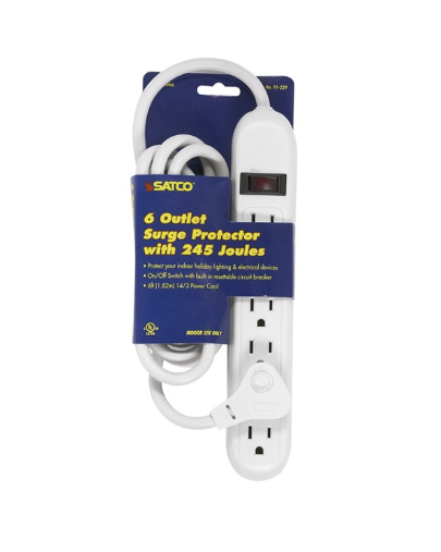 [91-229 ] Satco 6' Cord 6 Outlet Standard Surge Strip W/Flat Plug, 245 Joules 15A-125V, 1875W Indoor Use Only