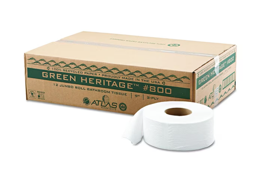 [800 (PEC) - G710745045] ATLAS PAPER 9 In. White 2 Ply Green Heritage Economy Junior Roll Bathroom Tissue 800, 12Pk