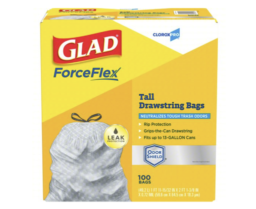 [LMS1448] Glad® CloroxPro ForceFlex® Plastic Tall Kitchen Drawstring Trash Bags, 13 Gallons, 11-15/32" x 25-3/8", White, 110 Bags Per Box