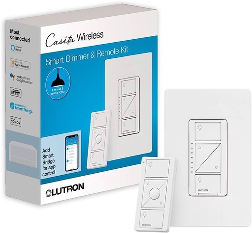 [P-PKG1W-WH] LUTRON In-Wall Smart Dimmer Switch + Remote Kit, 120V AC