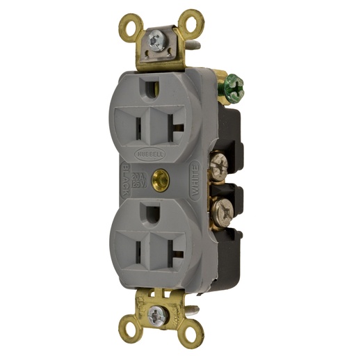 [HBL5352GY] HUBBELL Straight Blade Devices, Receptacles, Duplex, Industrial Grade, 2-Pole 3-Wire Grounding, 20A 125V, 5-20R, Gray, Single Pack
