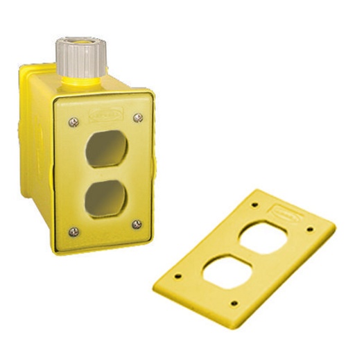 [HBLPOB1DY] Hubbell Portable Outlet Boxes, Boxes and Plates, Box with Strain Relief, 1-Gang Front and Back Non-Metallic, Furnished with 2) Yellow Duplex Plates