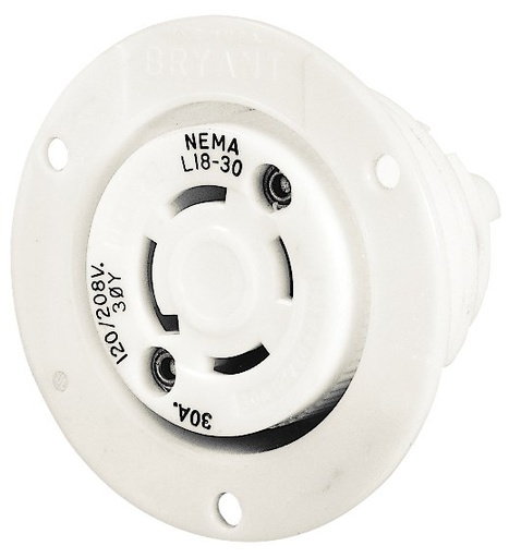 [71930ER] Hubbell Locking Devices, Industrial, Flanged Receptacle, 30A 3-Phase Wye 277/480V AC, 4-Pole 4-Wire Non-Grounding, L19-30R, Screw Terminal, White