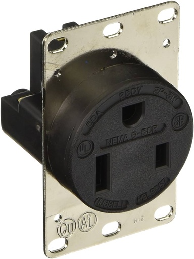 [HBL9367] Hubbell Straight Blade Devices, Receptacles, RTP, Industrial Grade, 2-Pole 3-Wire Grounding, 50A 250V, 6-50R, Black, Single Pack.