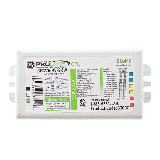 [63097 - GEC226-MVPS-3W] GE Compact Fluorescent Ballast - (1-2) Lamp - 120/277