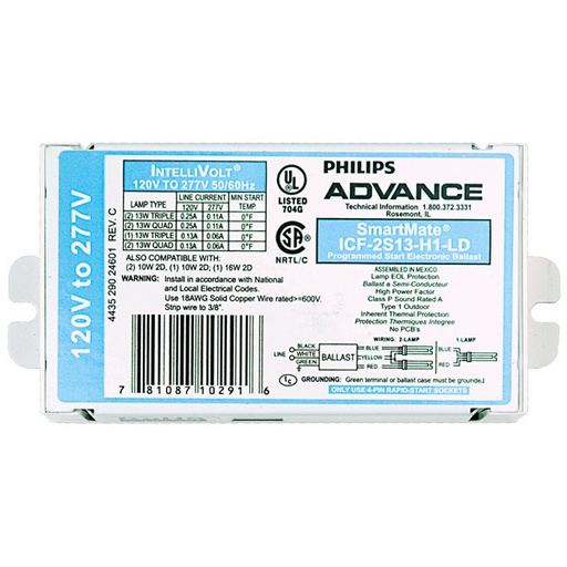 [ICF-2S13-H1-LDK] Advance SmartMate ICF-2S13-H1-LD - (2) Lamp Fluorescent Ballast - 10 Watt CFL - 120/277 Volt - Programmed Start - 1.0 Ballast Factor
