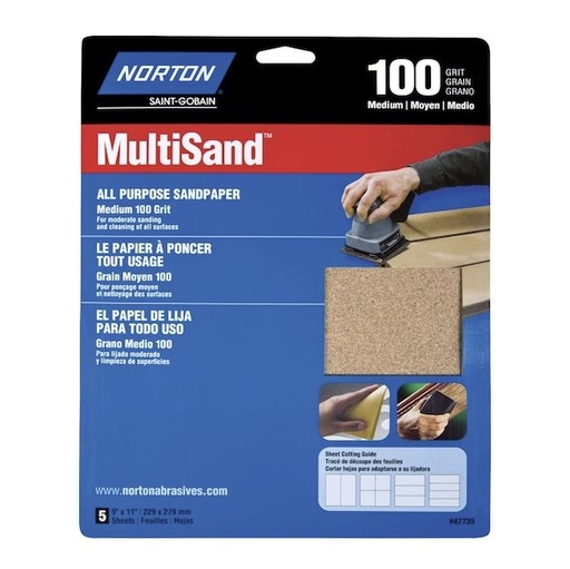 [7660747735] NORTON General Purpose MultiSand Sandpaper Sheet, 11 in x 9 in, 100 Grit