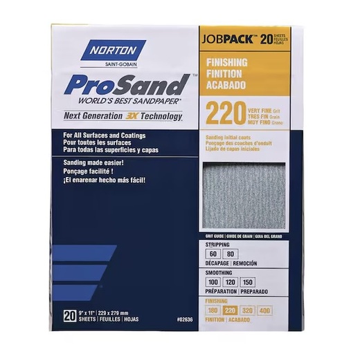 [7660768167] NORTON ProSand 9"x11" 3X High Performance Sanding Sheet 220 Grit (Very Fine) 20 Sheets/Pack