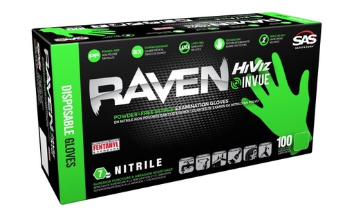 [66550] Raven Hi-Viz InVue Powder-Free Exam Grade Nitrile - 7 mil - 100 Gloves per box (by weight)-Small