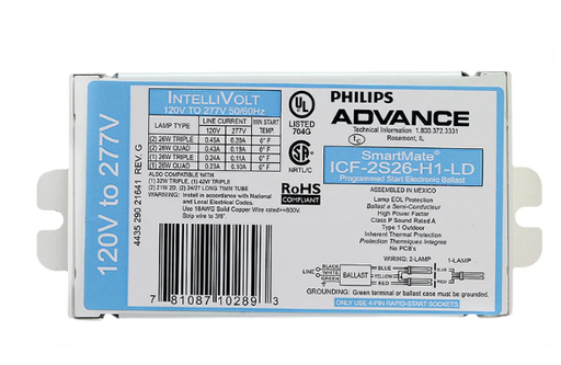 [ICF-2S26-H1-LD] Advance Philips 2 Lamp - 26 Watt CFL - 120/277 Volt - Programmed Start - 1.0 Ballast